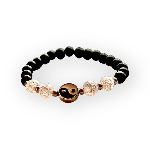 black obsidian and crackled quartz yin yang bracelet