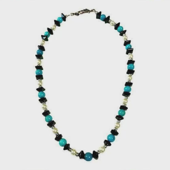 magnetic hematite pearl and turquoise necklace