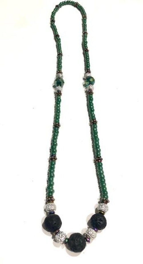 Three Lava Bead and Green Beaded Necklace
