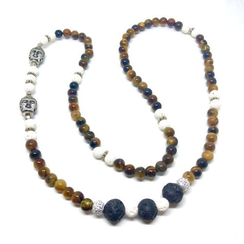 Tiger Eye, Lava Bead and Buddha Stretch Necklace