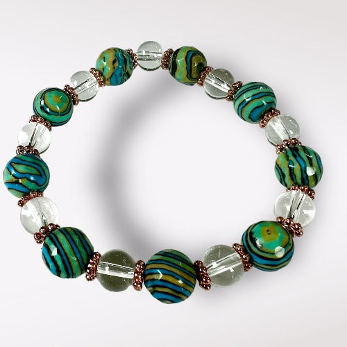 Natural Gemstone Beaded Bracelet - Healing Energy Jewelry - Turquoise & Clear Quartz